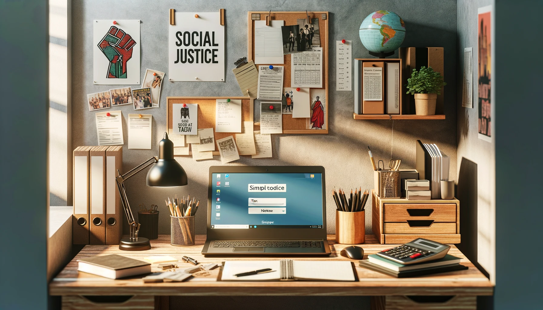 A small office space with a desk. On the desk there is a computer, calculator, pencils, a light and some files. On the wall there is a social justice and Black Lives Matter poster.