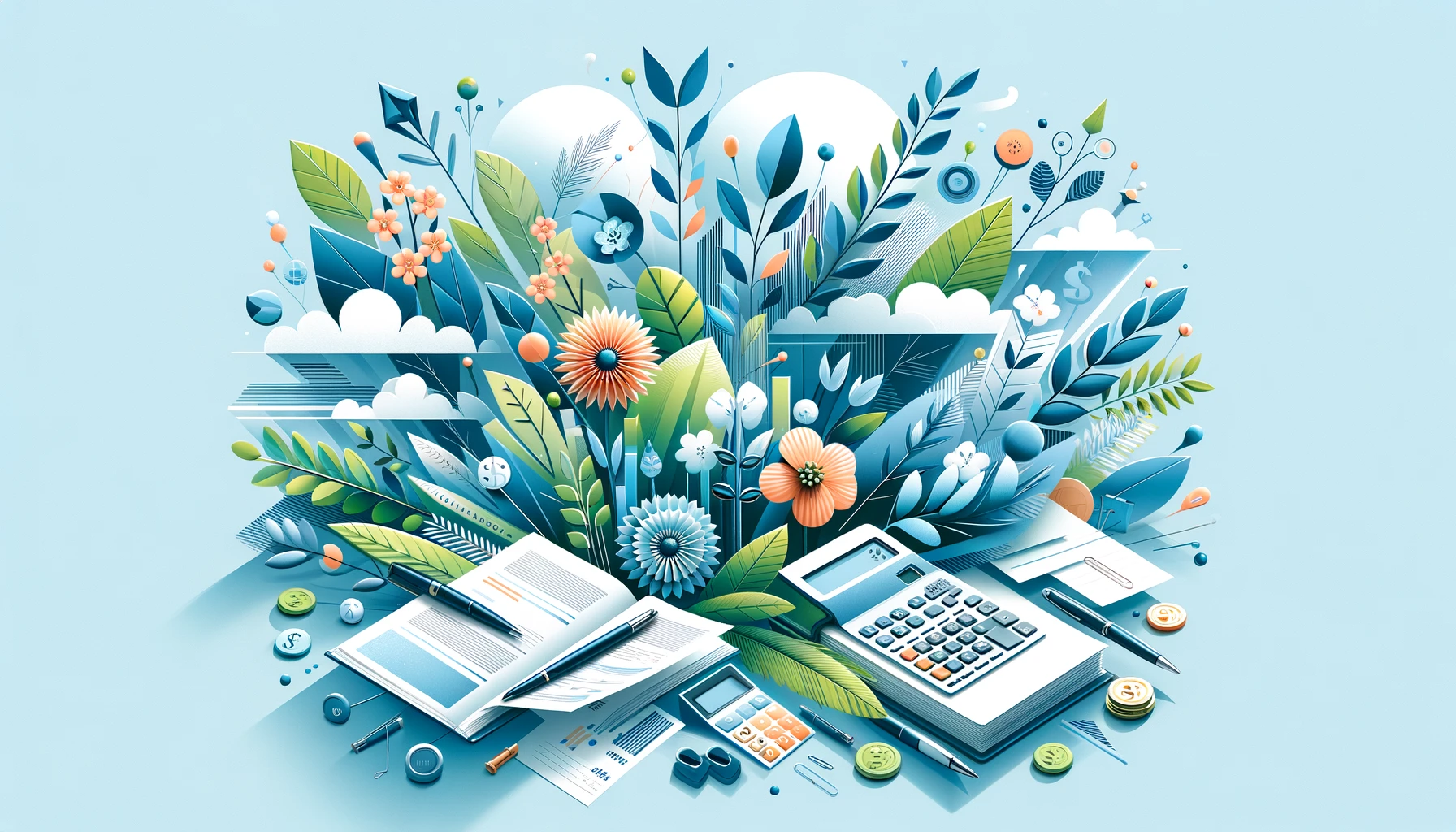 financial records and tools are nestled among a spring floral display in orange, blue, and green